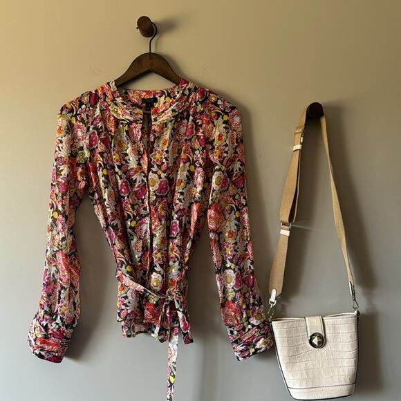 J CREW SILK SHEER FLORAL BLOUSE WITH GOLD METALLIC DETAIL SIZE 2 - Picture 7 of 10